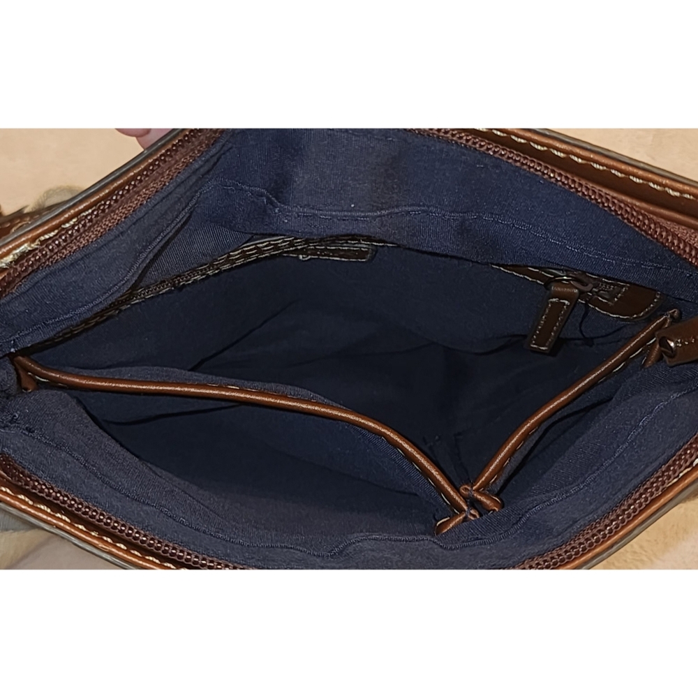 Chaps Crossbody Bag Navy & Cream Stripes W/ Brown Vegan Leather Trim - Picture 13 of 15